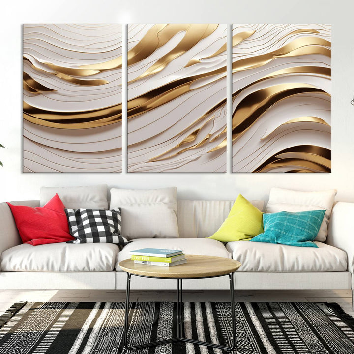 The "Gold and White Abstract Wave Canvas – Elegant Flowing Design with Luxurious Golden Accents" beautifully enhances the area and creates a stunning focal point in the room.