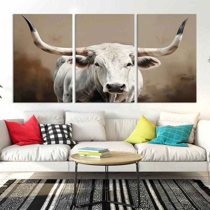 Texas Longhorn Canvas Wall Art features a triptych design on premium canvas with a gallery-quality finish.