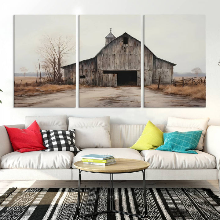 A framed and ready-to-hang Farmhouse Rustic Barn Wall Art Canvas Print is displayed against a gray wall. This stylish modern living room seamlessly combines rural life wall décor with contemporary comfort.