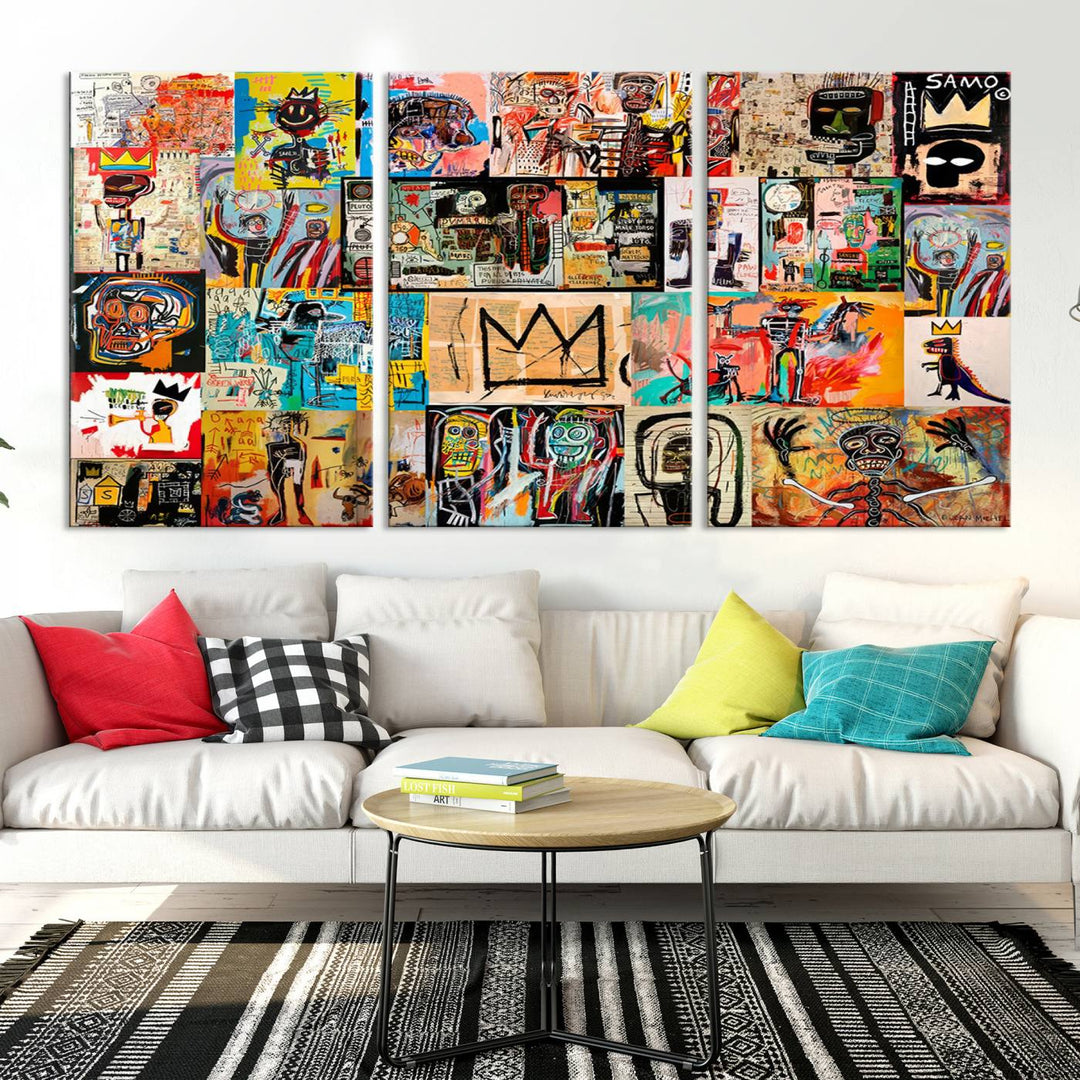 A vibrant Basquiat Art Collage Wall Art Canvas Print in an urban graffiti style adds a modern artistic flair.