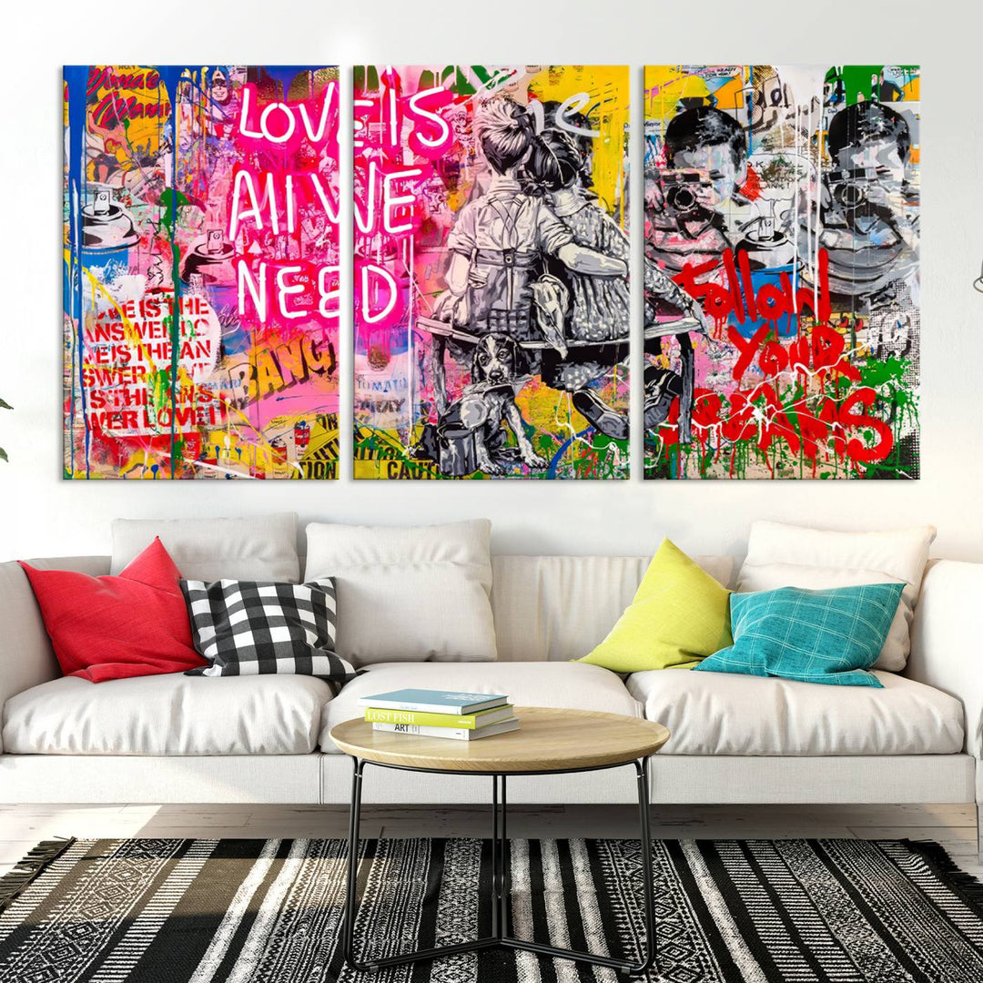 A vivid display of the "Follow Your Dreams & Love is All We Need" graffiti street art energizes a modern room with its three-panel arrangement. This bold giclee canvas print infuses any contemporary space with dynamic flair.