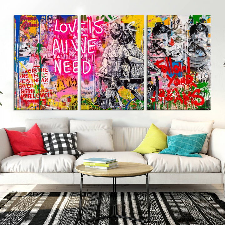 A vivid display of the "Follow Your Dreams & Love is All We Need" graffiti street art energizes a modern room with its three-panel arrangement. This bold giclee canvas print infuses any contemporary space with dynamic flair.