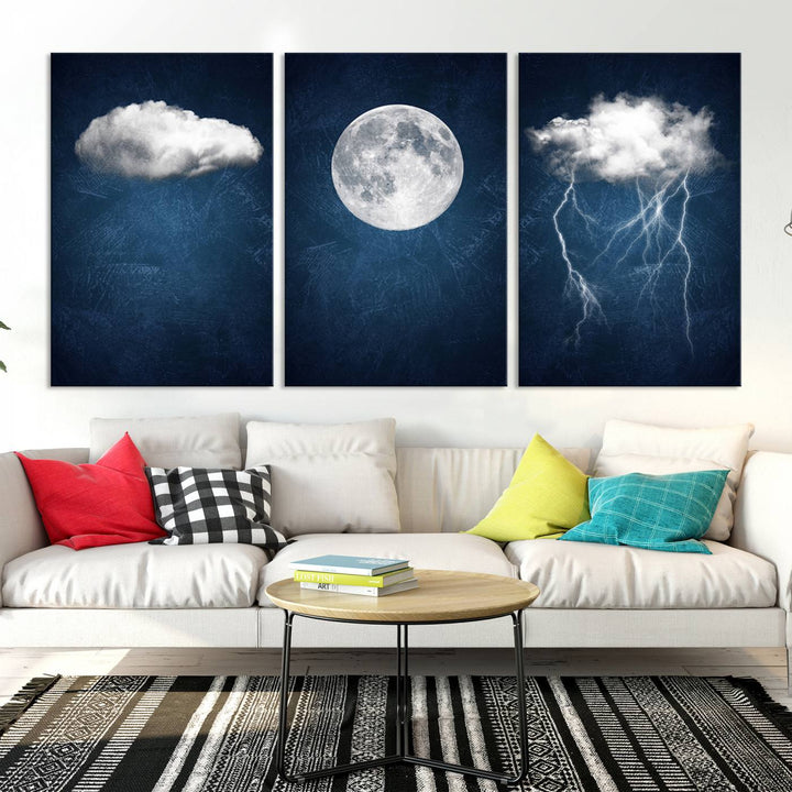 Dark Blue Cloud Art, 3 Piece Indigo Blue Wall Art, Aesthetic Surreal Art, Thunderstorm Moon Cloud Artworks 