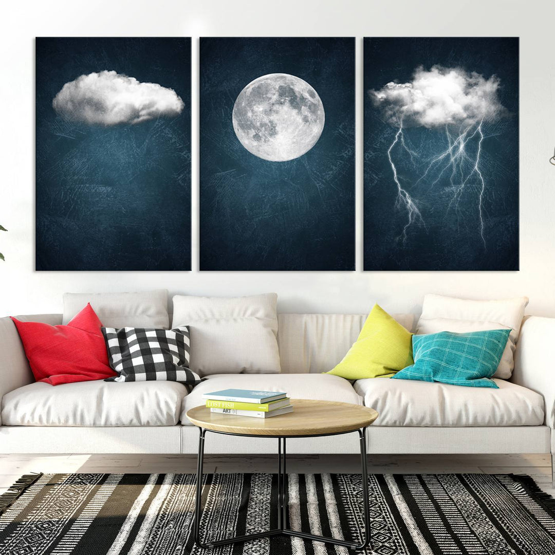 The "3 Piece Indigo Cloud Wall Art, Thunderstorm Moon Cloud Artworks" on museum-quality canvas with UV-protective coating is prominently displayed.