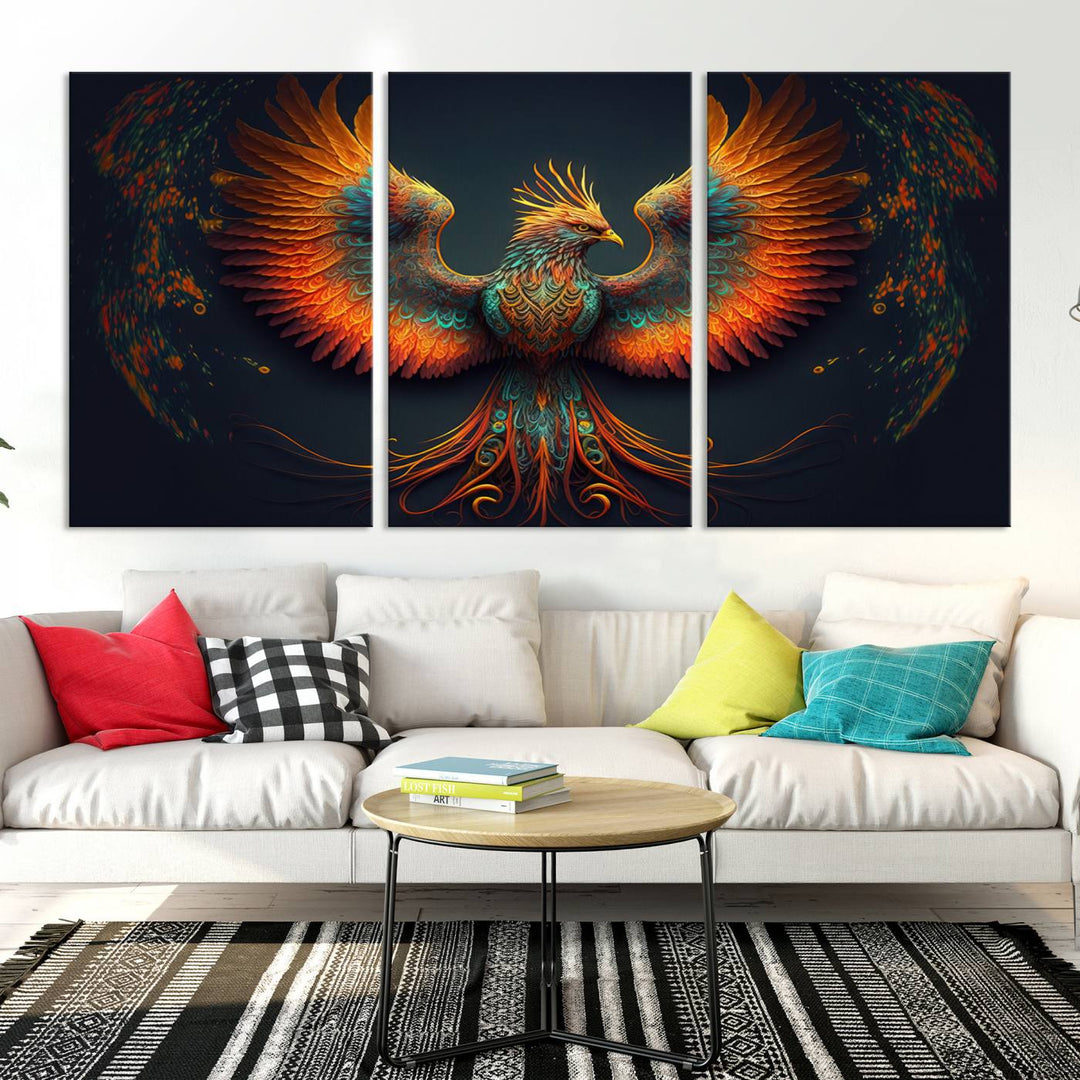 The Majestic Phoenix Wall Art Canvas Set, a fiery symbol of rebirth and strength, graces the wall.