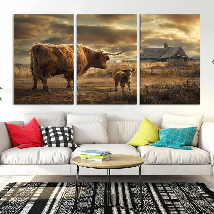 The living room features the "Highland Cow Canvas Wall Art Animal Print Pictures Fluffy Cattle Art," which captures a cow and calf in a rural sunset scene, adding gallery-quality charm.