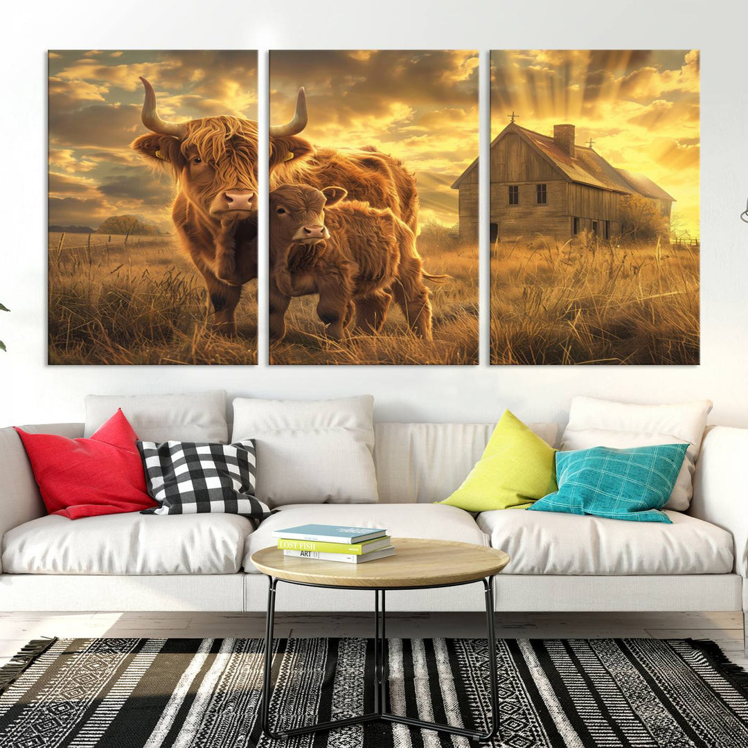 The room features the Barn and Highland Cow Canvas Wall Art Animal Print, a three-panel canvas depicting cows in a sunset field with a rustic barn backdrop. This handmade piece brings charm and character with its gallery-quality finish.