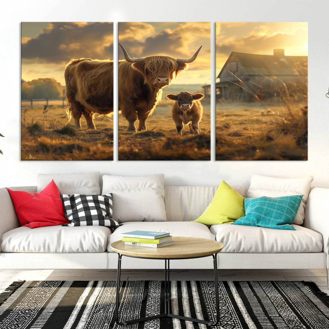 The "Highland Baby Cow Canvas Wall Art Animal Print" triptych art piece showcases a cow and calf in a sunlit field with a barn in the background.