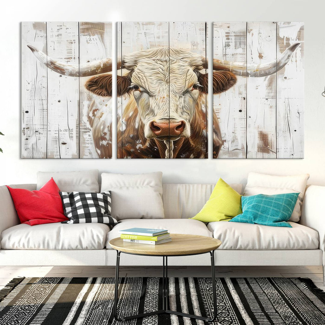 The dimly lit room is enhanced with Western charm by the Rustic Longhorn Bull Wall Art Canvas Set—Western-Inspired Farmhouse Décor, elegantly displayed on the wall.