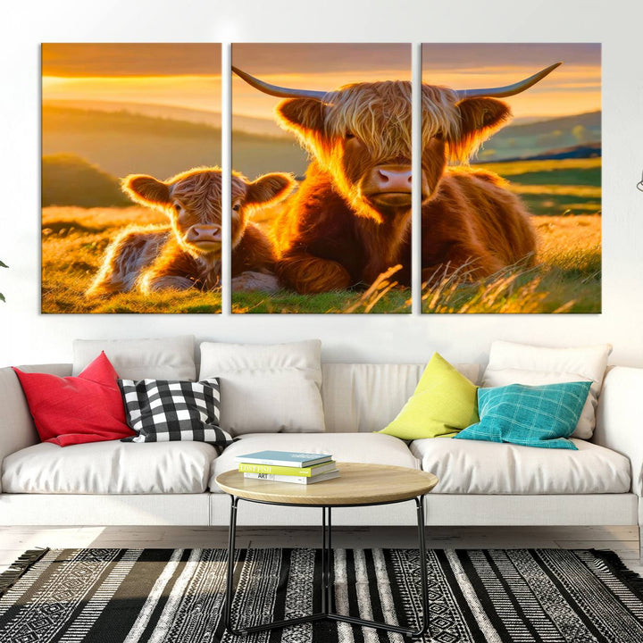 The living room showcases a gallery-quality finish with the Scottish Cow and Baby Cow Canvas Wall Art, featuring a charming animal print of fluffy cattle as the centerpiece. This stunning piece is displayed on premium canvas, creating an inviting atmosphere.