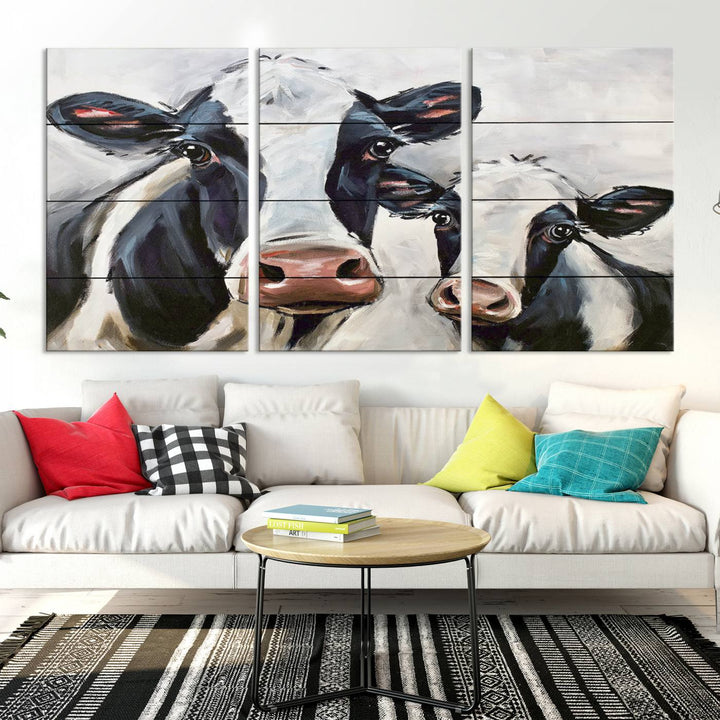 The Vintage Baby and Mom Cattle Wall Art Canvas Print is prominently displayed, adding a touch of contemporary and farmhouse decor to the modern living room.