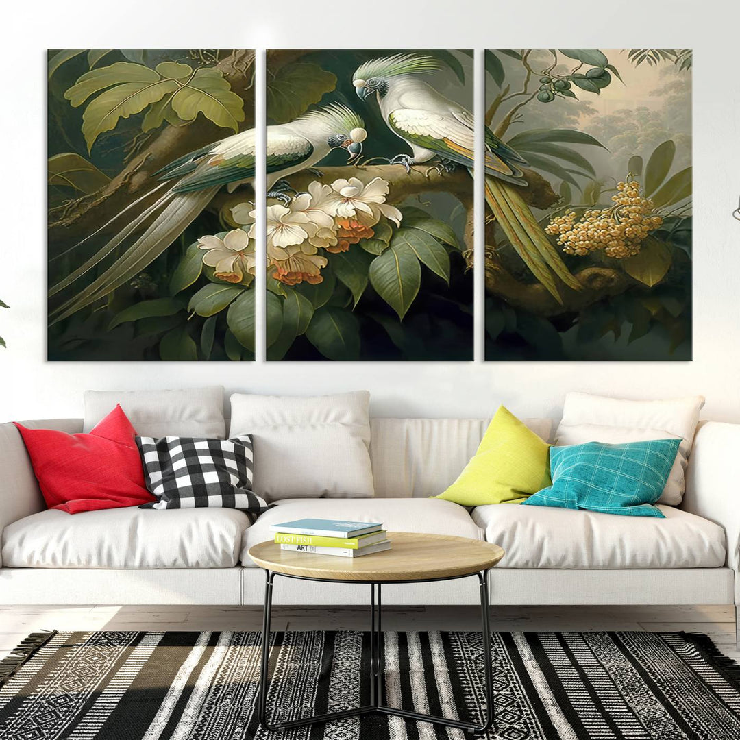 Crafted in the USA, this Tropical Paradise Print wall art features a stunning parrot amidst a lush forest and beautiful flowers.