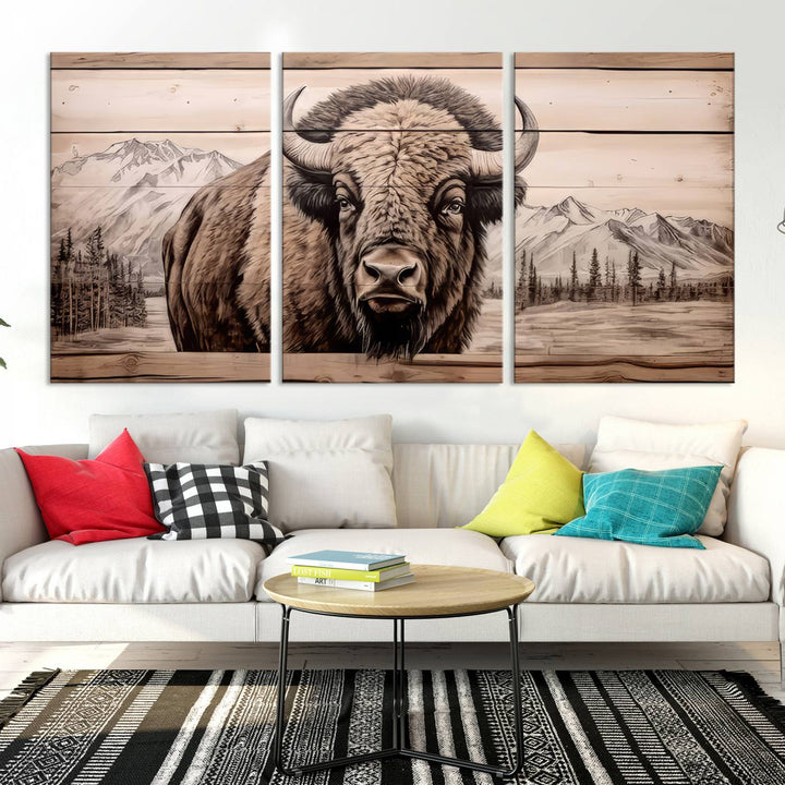 A stunning triptych artwork from the "Bison Canvas Wall Art American Buffalo Print Rustic Decor for Farmhouse Wall Art" collection graces the modern living room. Its vibrant colors are enhanced by museum-quality canvas and a UV-protective coating. The gallery-wrapped piece adds elegance to the space.