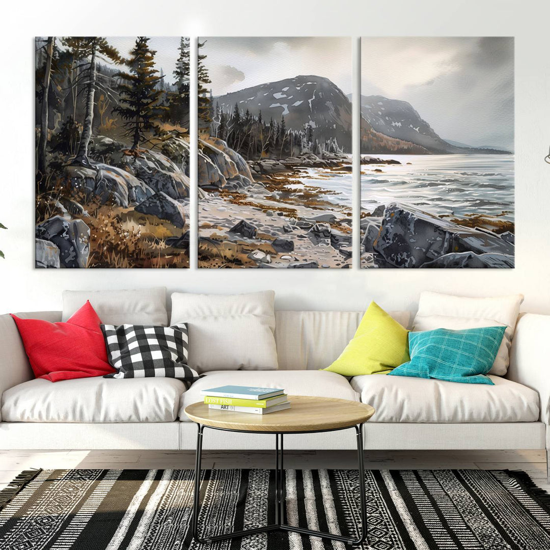 The stunning Serene Coastal View of Acadia National Park is a 3-panel wall art canvas print that beautifully captures a tranquil mountain and lake scene.