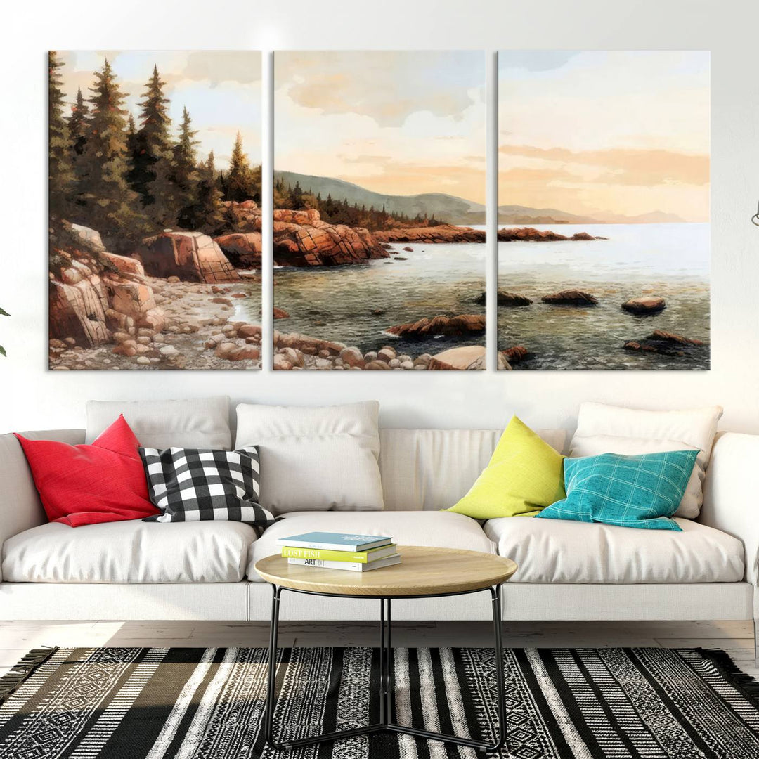 Serene Coastal View of Acadia National Park - Stunning 3-Panel Wall Art Canvas Print, Framed, Ready to Hang