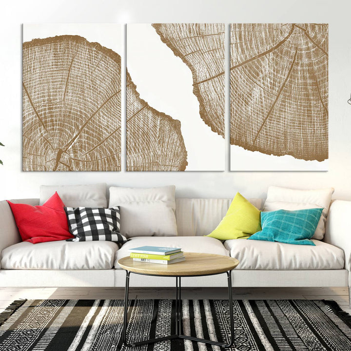 The "Rustic Brown Tree Ring Wall Art Canvas Print" in the living room adds an elegant, nature-inspired touch to the space.