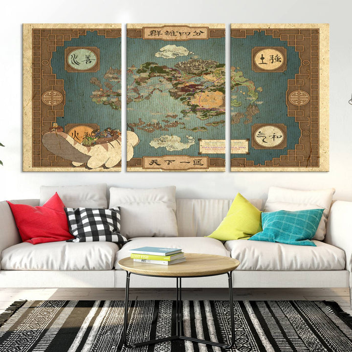 Hanging above is the Avatar: The Last Airbender Vintage Map - Wall Art Canvas Print, framed and ready to hang, showcasing an enchanting glimpse into the iconic four nations design.