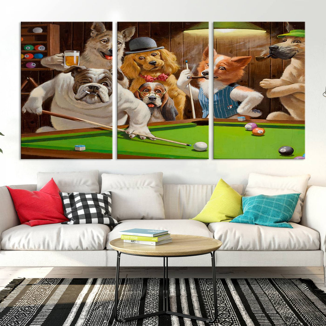 The "Dogs Playing Pool Canvas Wall Art" features a whimsical scene of dogs dressed as humans playing pool in a bar, presented as a three-panel display with a gallery-quality finish.