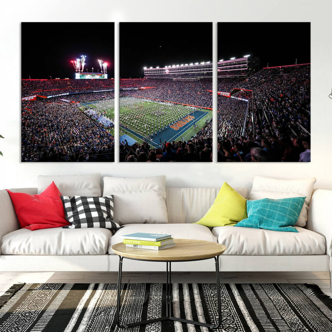 Ben Hill Griffin Stadium Night Game Triple Canvas Wall Art - Florida Gators Football Match