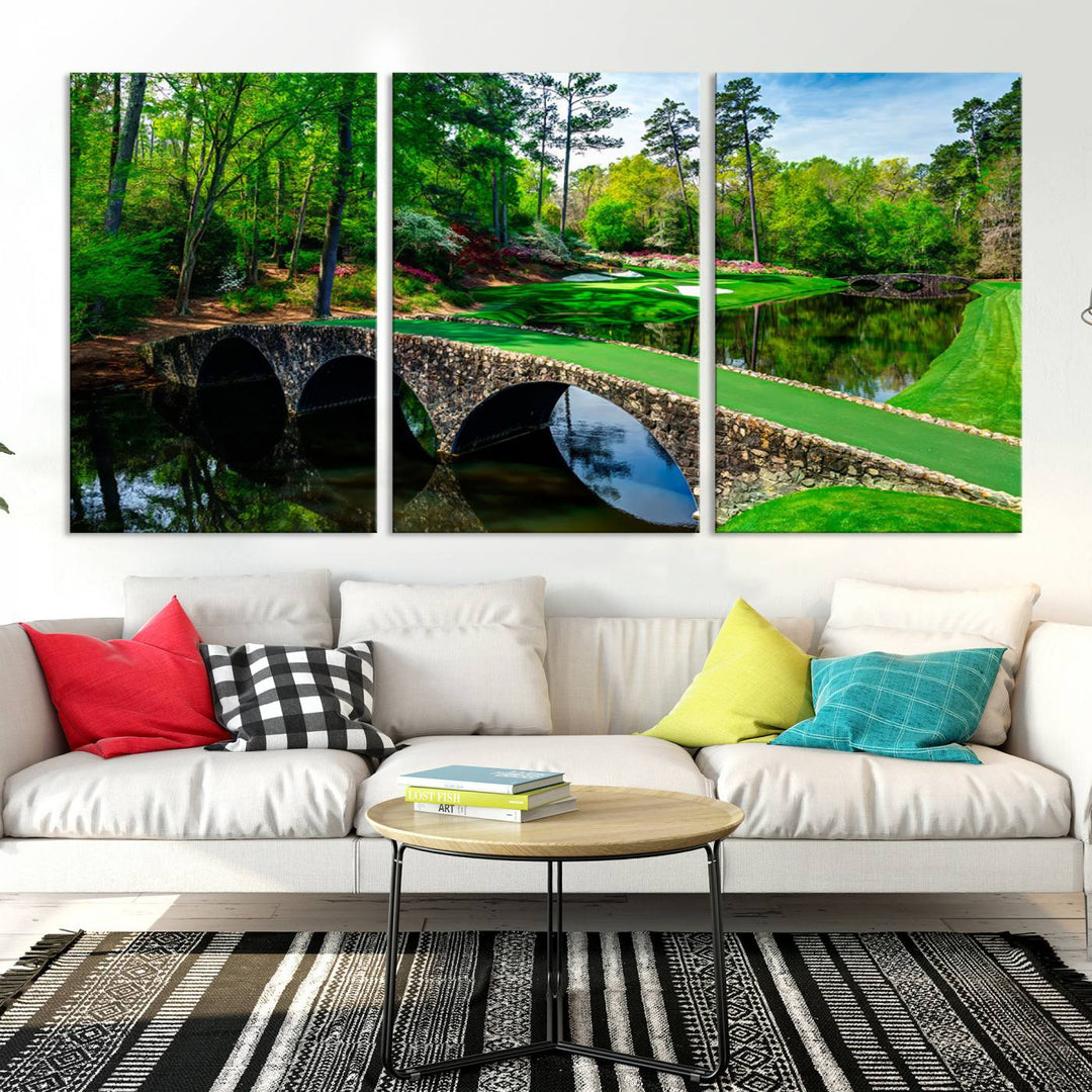 Augusta National Golf Club Wall Art - Panoramic Bridge & Lush Greenery – Premium Framed, Ready-to-Hang Triptych Canvas