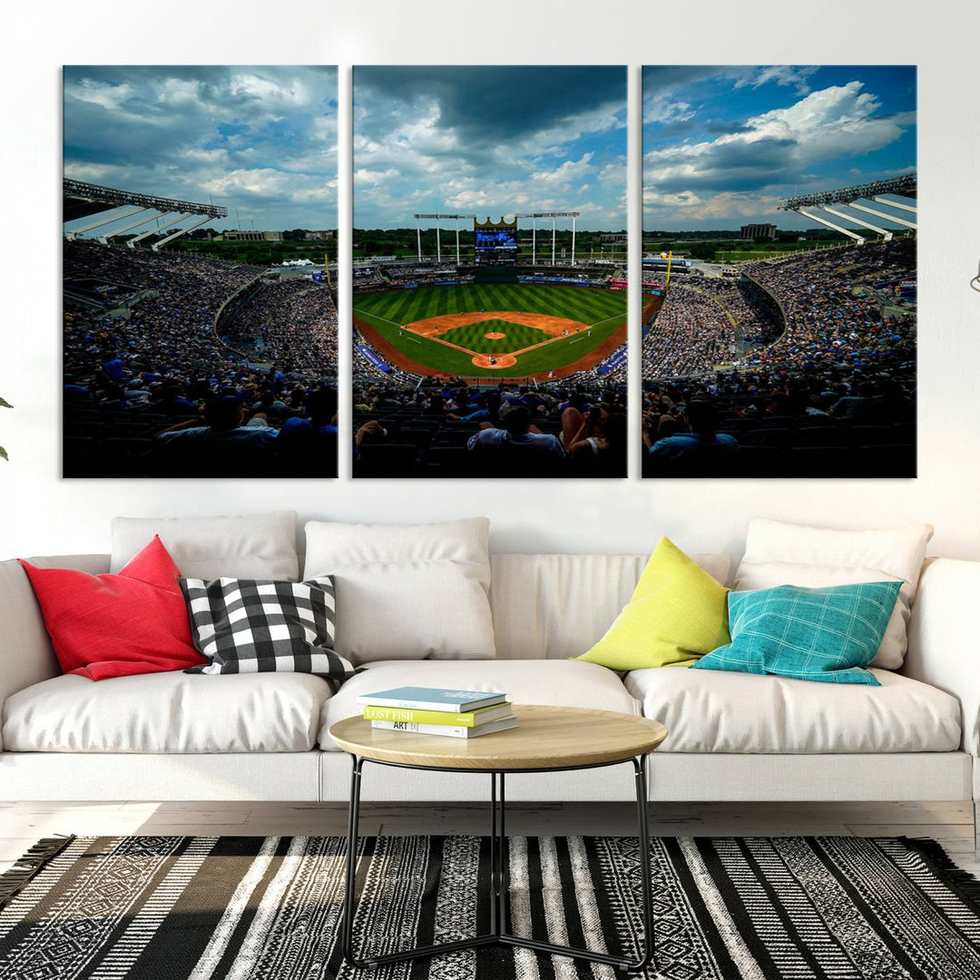 Kauffman Stadium Day Game Triple Canvas Wall Art - Kansas City Royals MLB Match