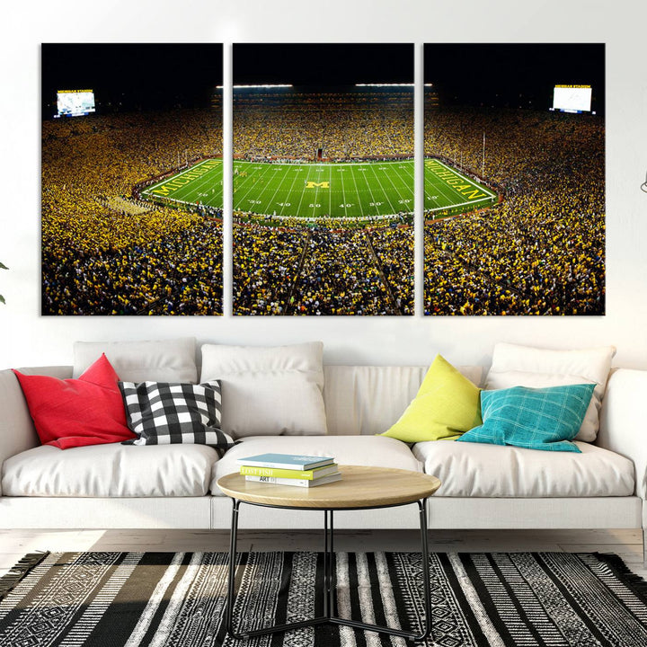 Michigan Wolverines Football Team Print - Michigan Stadium Night Game Triple Canvas Wall Art - University of Michigan Football Match