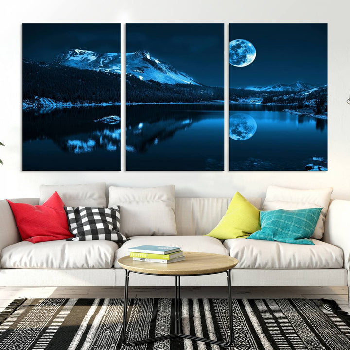 Blue Moon Mountain Lake Landscape Framed Wall Art Canvas Print