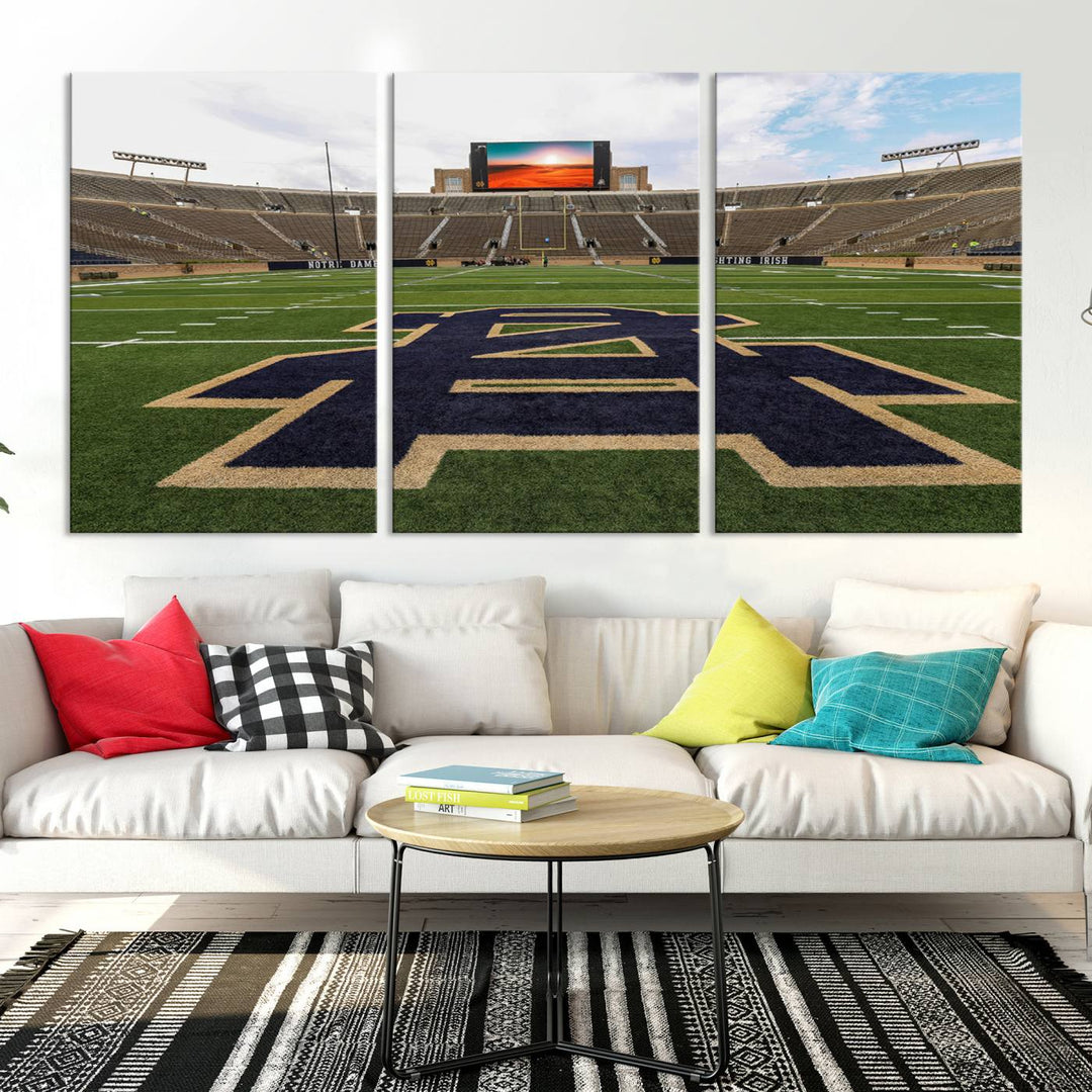 Notre Dame Stadium Giclee Canvas Print | Triptych Wall Art Featuring Iconic Notre Dame Football Field | Ready-to-Hang Sports Stadium Decor