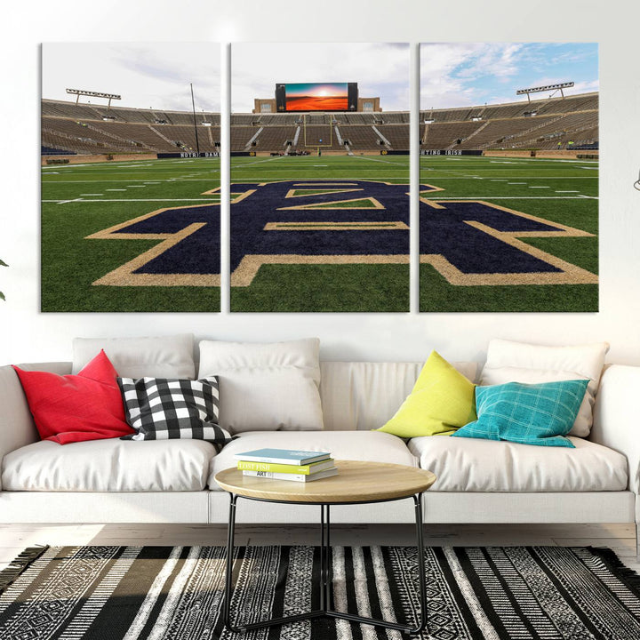 Notre Dame Stadium Giclee Canvas Print | Triptych Wall Art Featuring Iconic Notre Dame Football Field | Ready-to-Hang Sports Stadium Decor