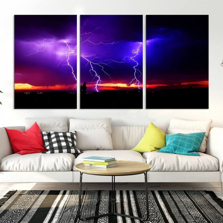 Electrifying Sunset Thunderstorm Canvas Print – Dramatic Lightning and Vibrant Sunset Wall Art