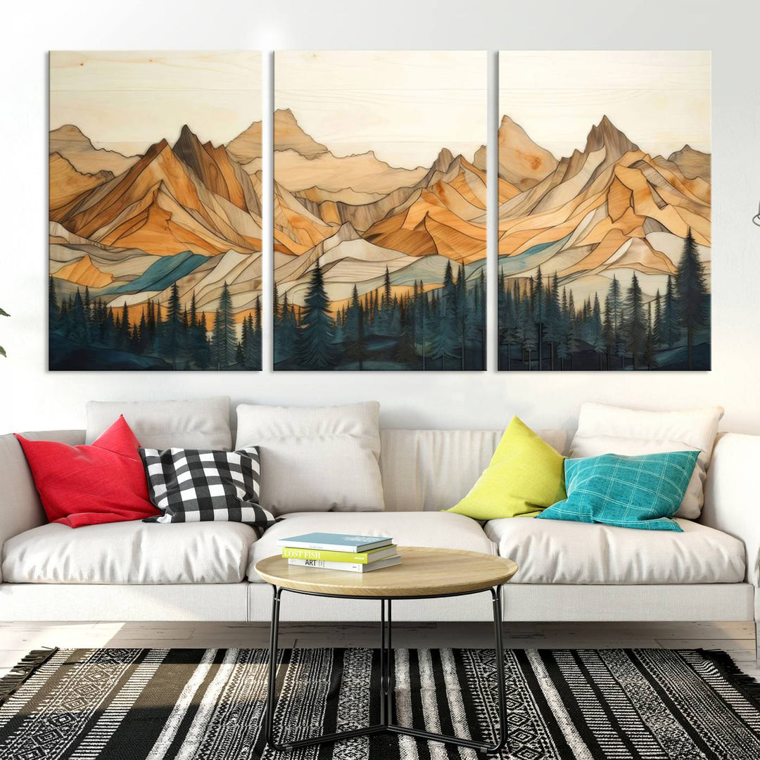 Rustic Wood Style Mountain Wall Art Print | Triptych Giclee Print Featuring Handcrafted Forest and Mountain Range Design | Framed Ready-to-Hang Print