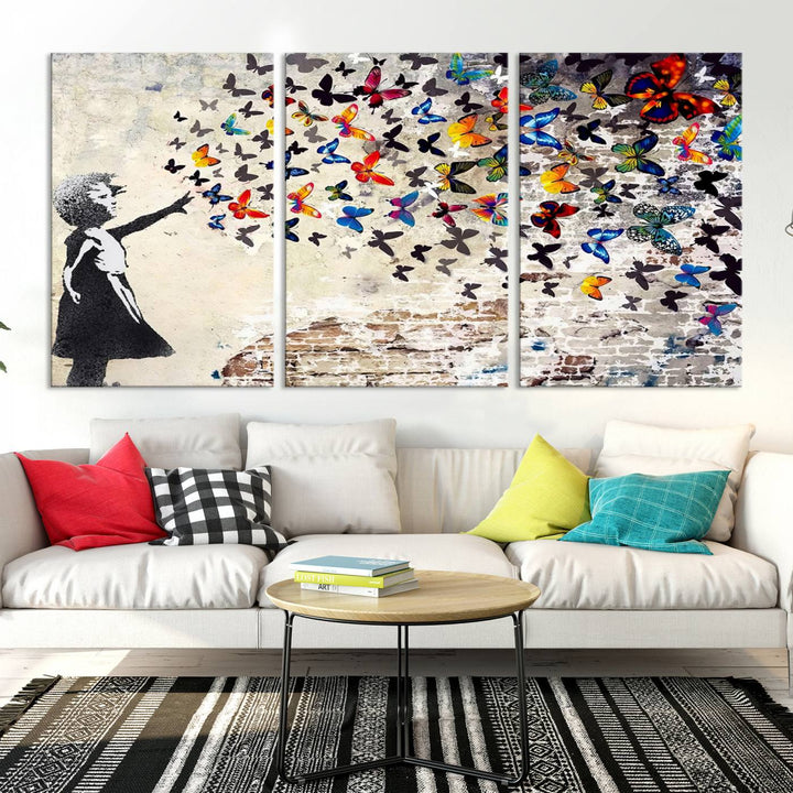 Banksy Style Girl with Butterflies Wall Art - Beautiful Framed Ready-to-Hang Triptych Canvas - Vibrant Butterfly Street Art for Modern Decor