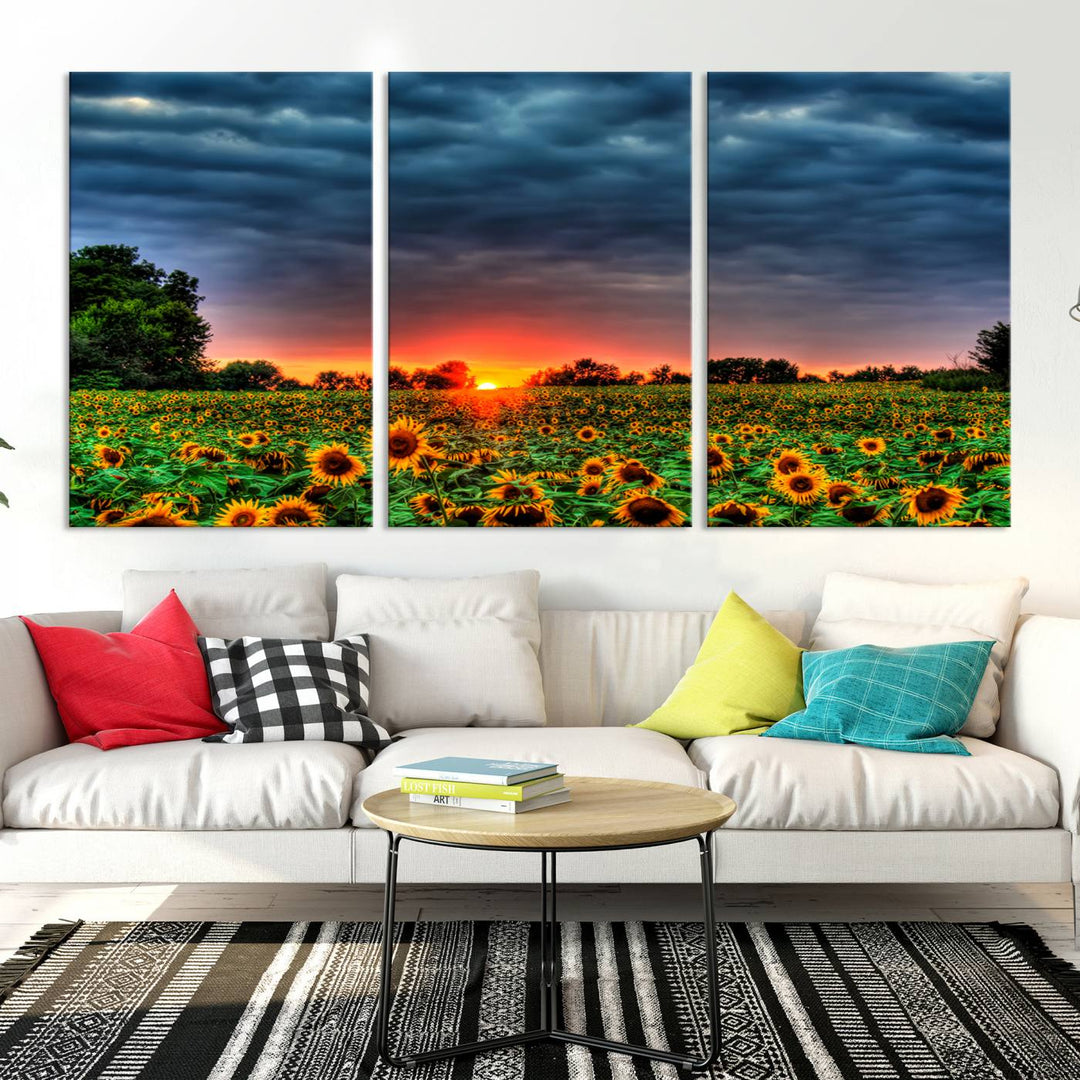 Golden Sunflower Field at Sunset – Breathtaking Sky and Vibrant Flowers, Ready to Hang Wall Art Canvas Print