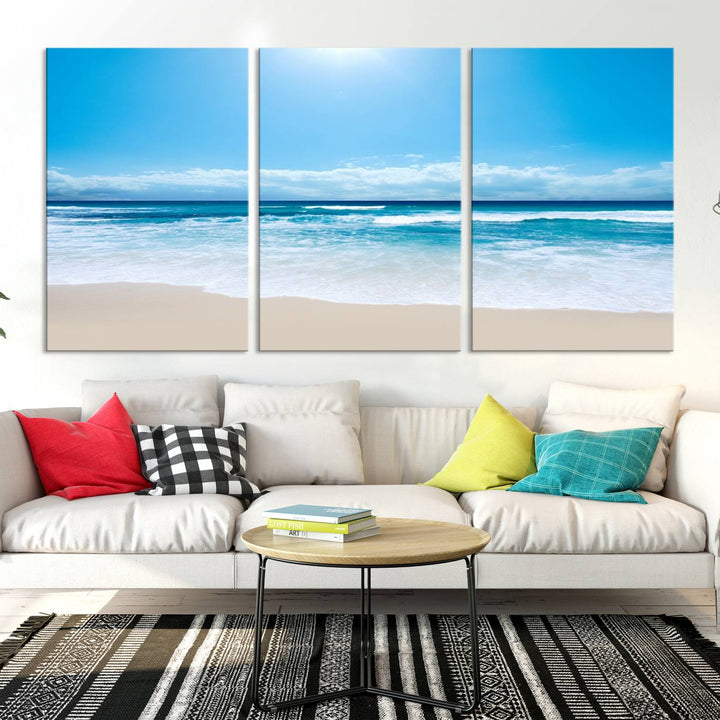 Lienzo decorativo para pared grande con estampado de mar y playa azul brillante