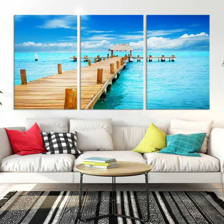 Tropical Pier Triptych Wall Art, Stunning Turquoise Ocean and Wooden Dock Canvas Print, Coastal Beach House Decor, Ocean View Canvas Art