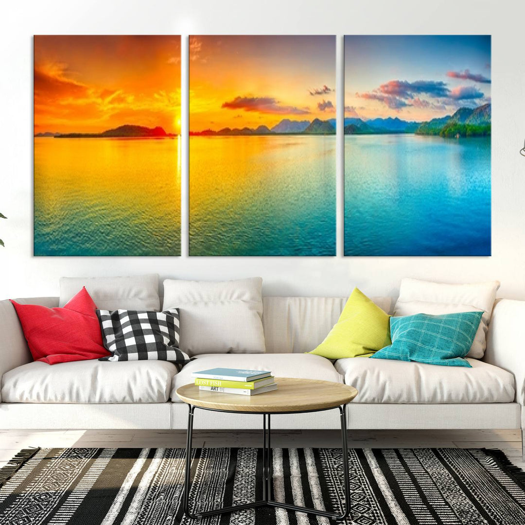 Wall Art Canvas Print Colorful Sunset Sea and Mountain Artwork