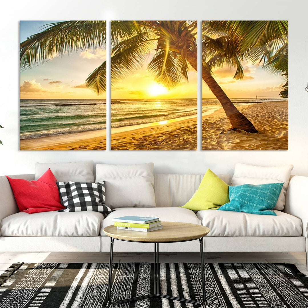 Wall Art Canvas Print Palm on Beach at Bright Sunset