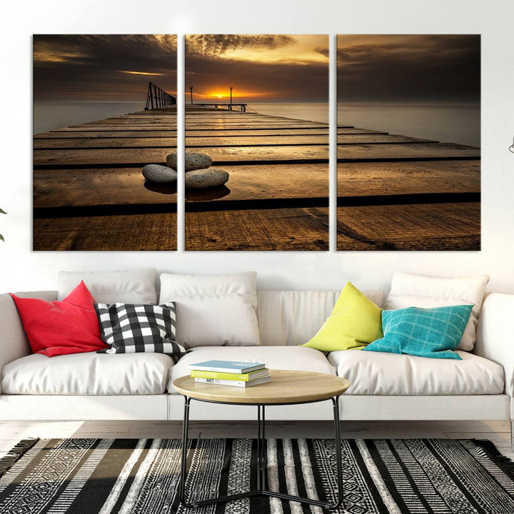 Stones on Wooden Pier at Sunset Wall Art Canvas