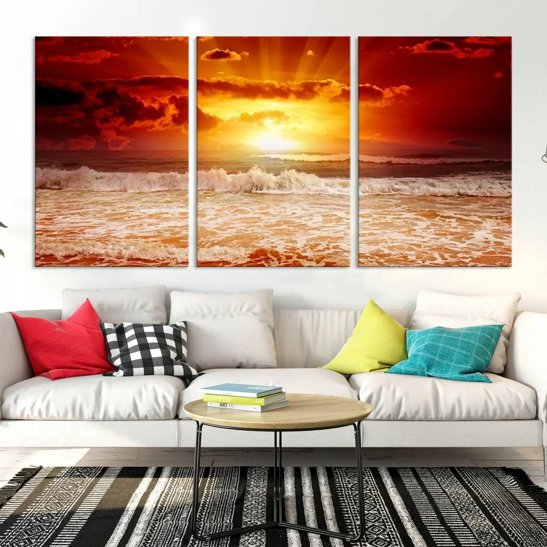 In a modern living room, the vibrant "Wall Art Canvas Perfect Sunset Turns Colour of Sea and Sky to Red," printed on museum-quality canvas, stands out. A floor lamp casts warm light over the ready-to-hang artwork, which includes a UV-protective coating to ensure lasting brilliance.