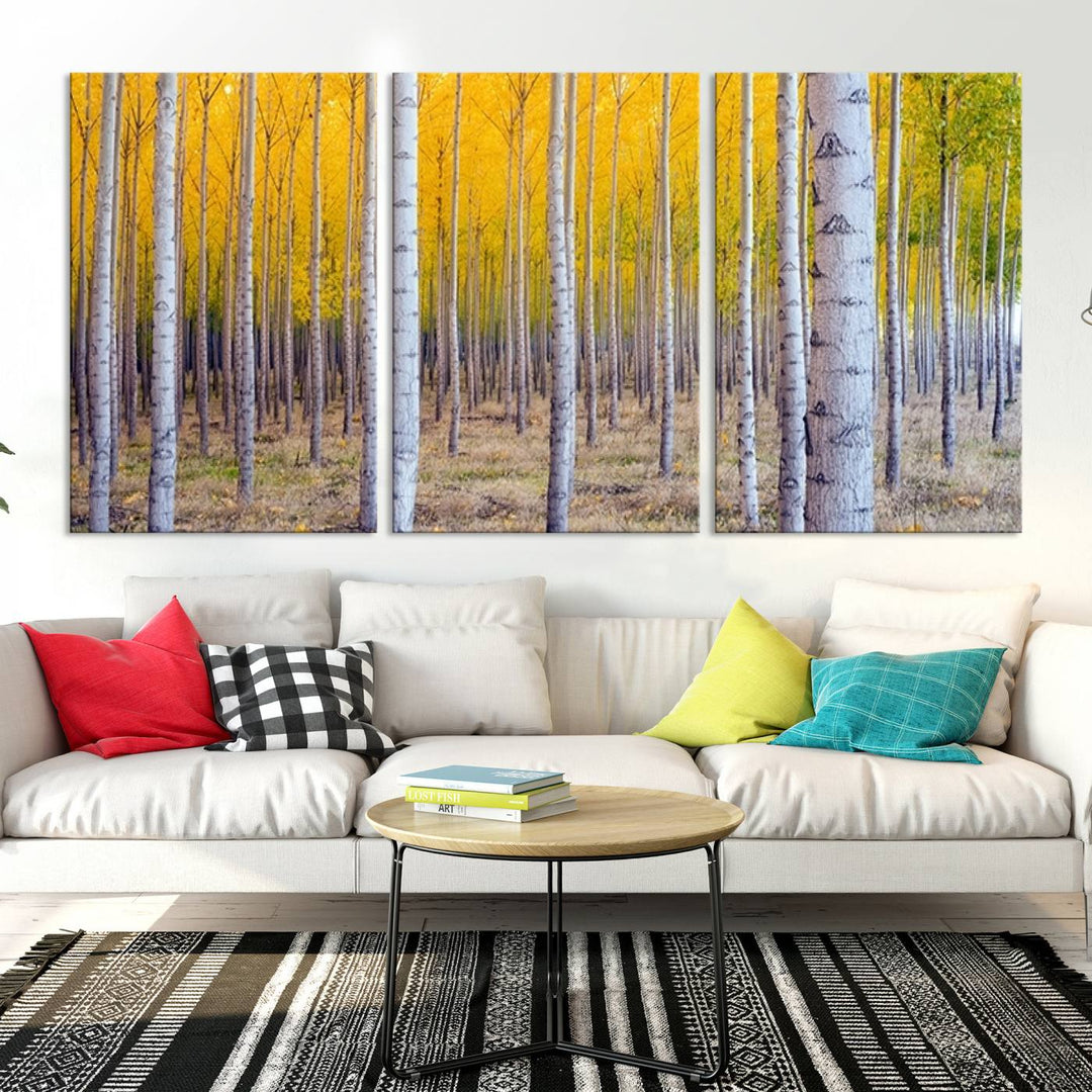 Impresión artística de pared con bosque de abedules en otoño