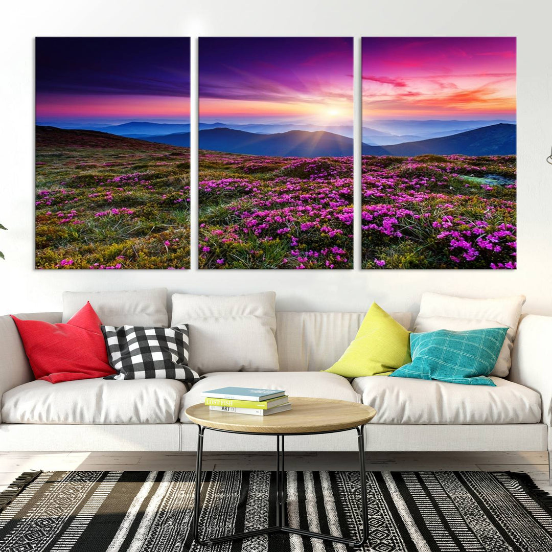 Sunset Over Mountain Meadows With Purple Wildflowers Wall Art Canvas Print | 3-Panel Landscape Canvas Wall Art | Nature Photography Triptych Print