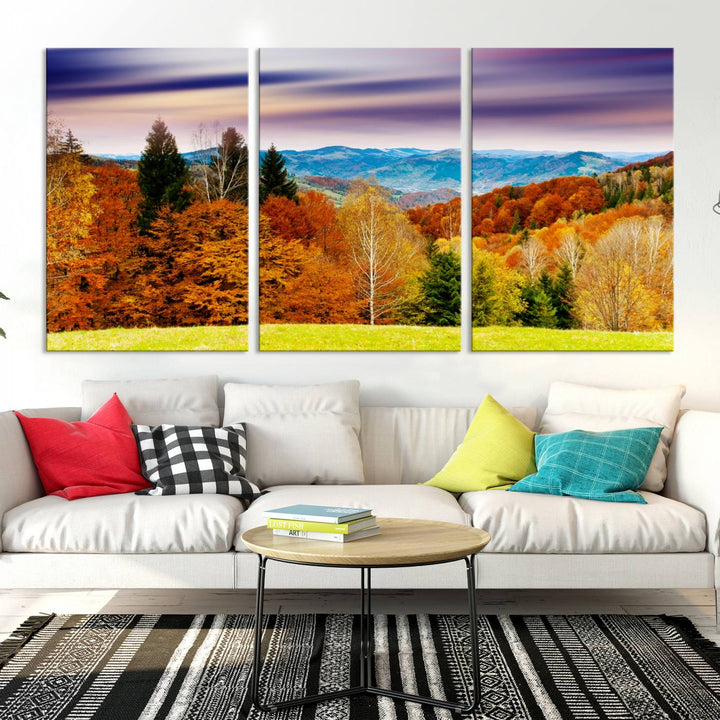 Autumn Colorful Forest Blue Mountains and Purple Sky at Sunset Wall Art Canvas Print