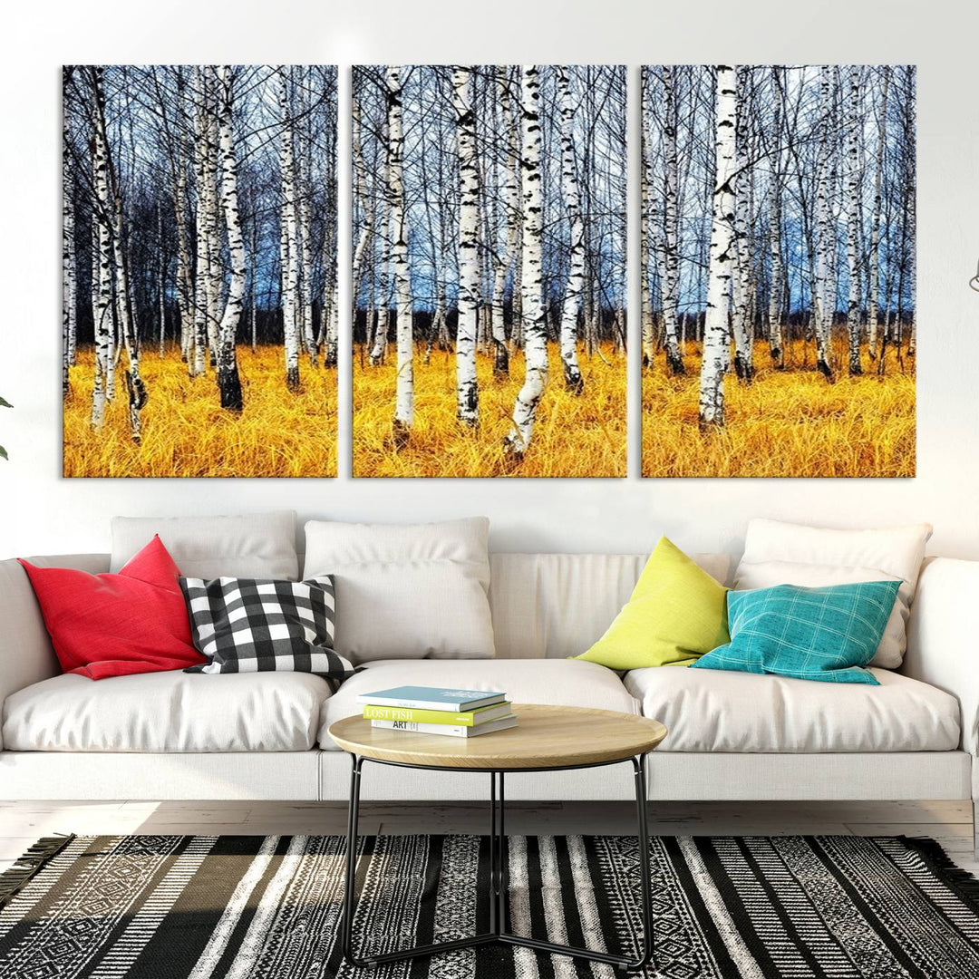 Impression d’art mural de bouleaux, art mural paysage, impression sur toile, arbres sans feuilles sur fond jaune