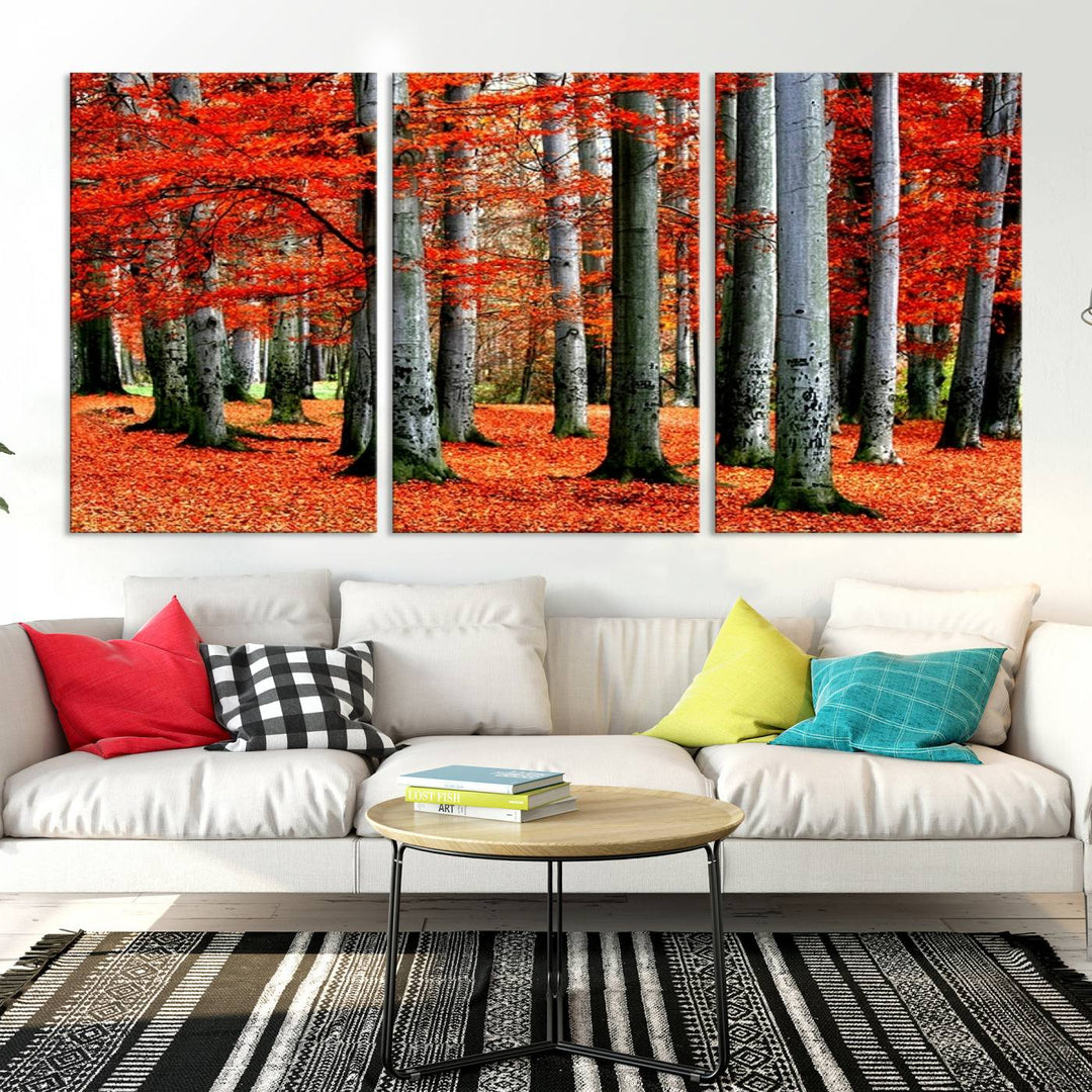 Impression sur toile de paysage d'art mural, feuilles rouges sur des arbres sur fond rouge