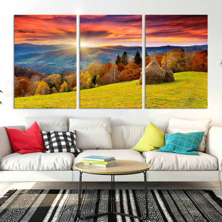 Impression sur toile de paysage d'art mural, tous les tons de vert au coucher du soleil