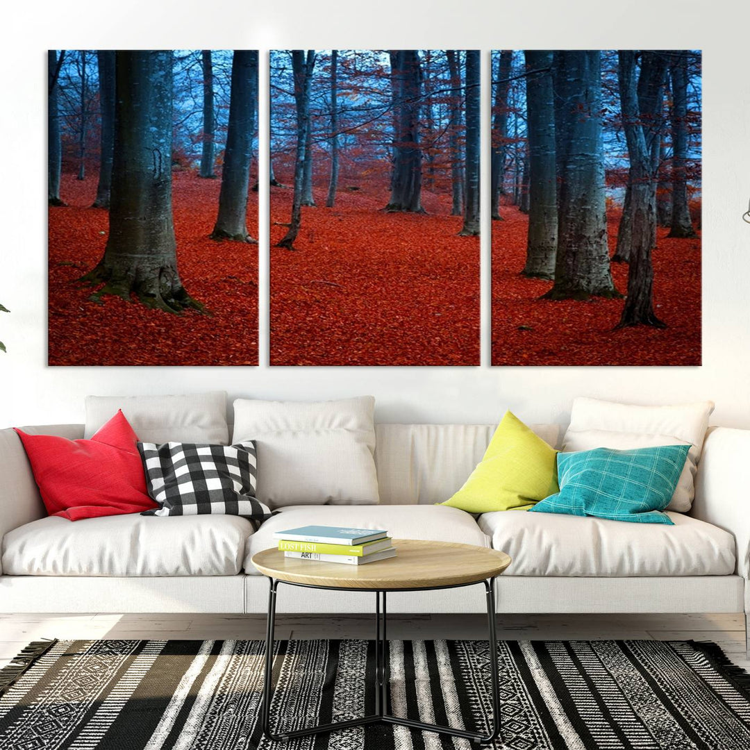 Impression sur toile de paysage d'art mural, feuilles rouges dans la forêt bleue