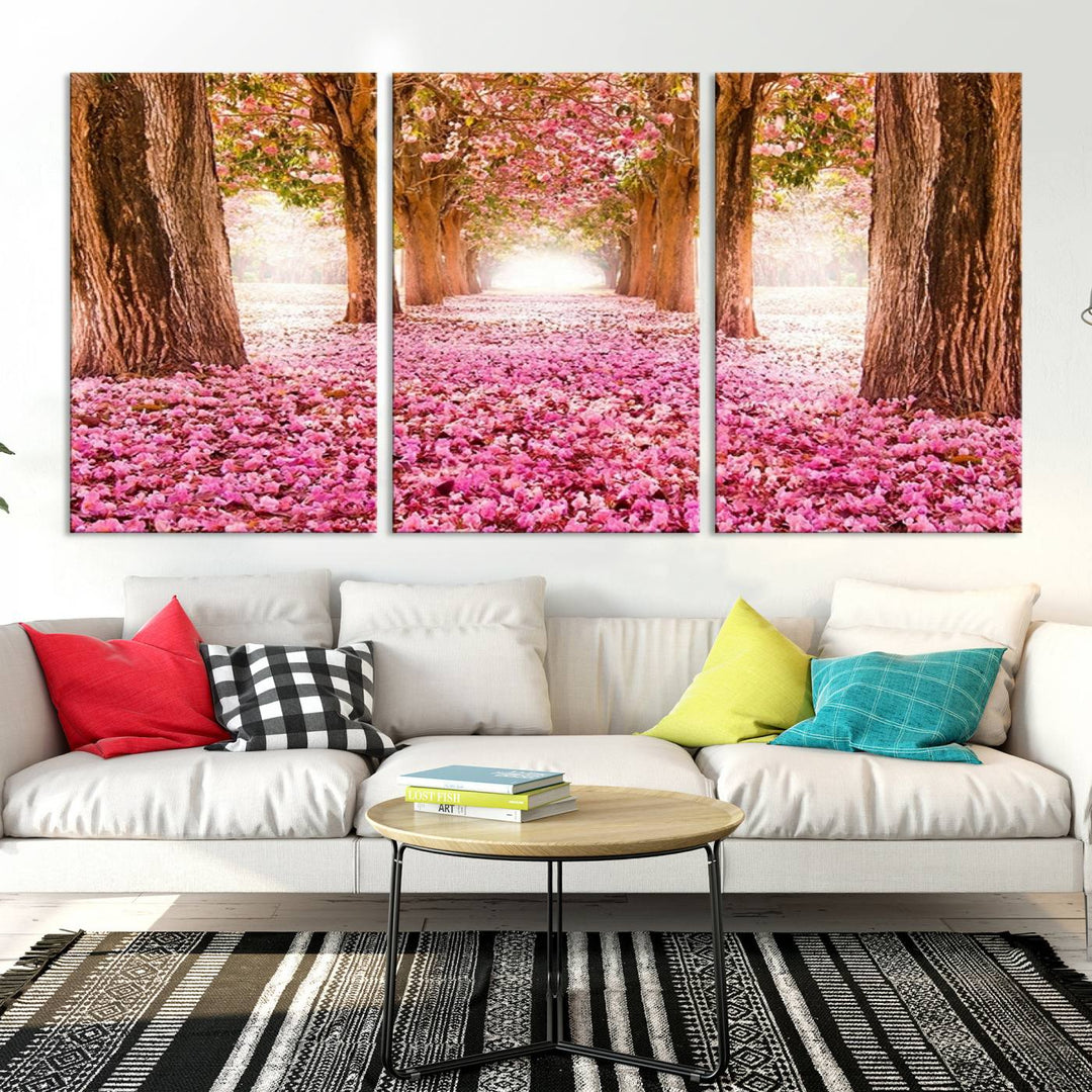 Blossom Cherry Canvas Print Walking on Pink Flowers Between Trees