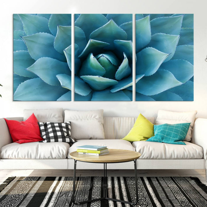 A stunning Large Agave Succulent Canvas Wall Art, a botanical close-up print perfect for modern living rooms, hangs prominently.