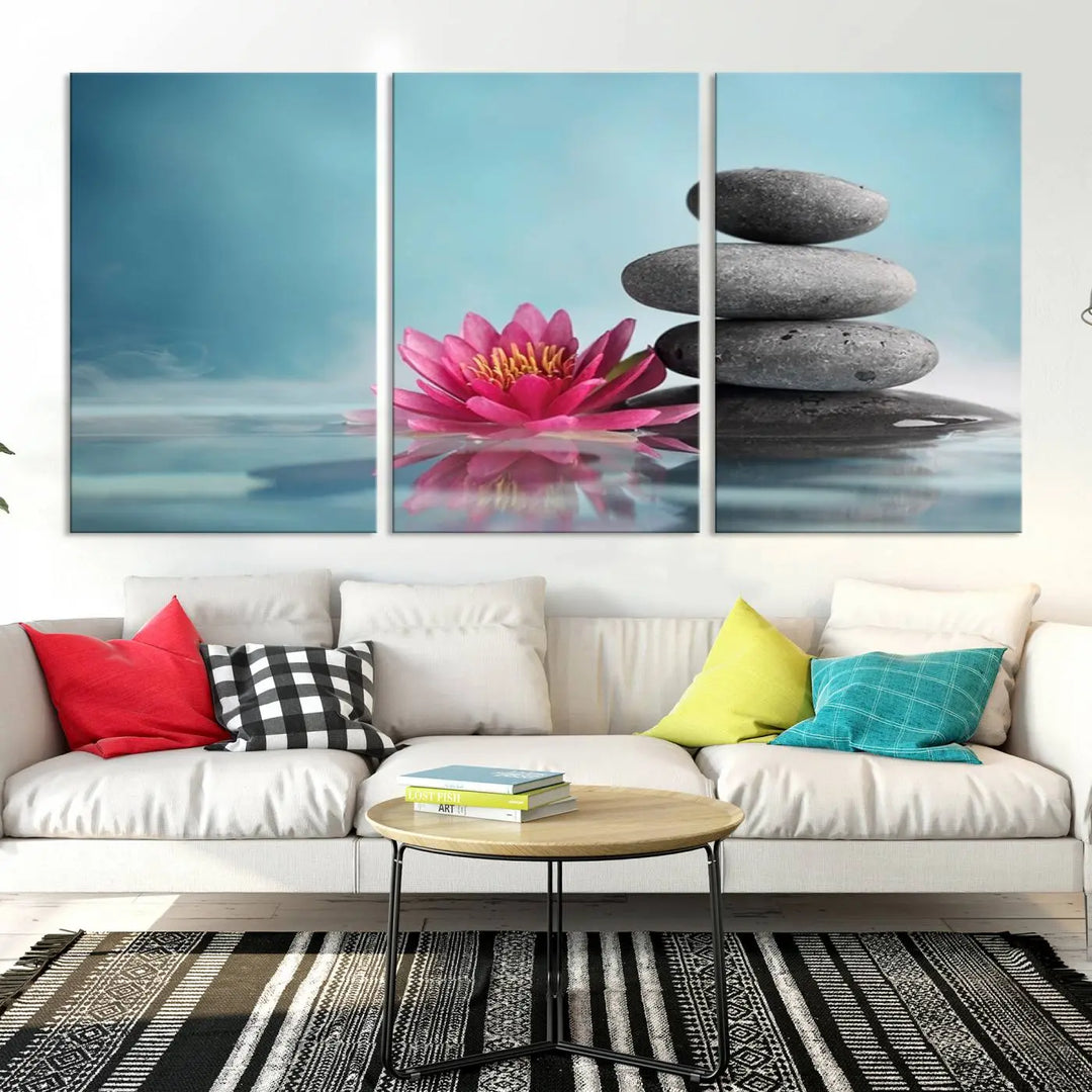 The Zen Serenity Triptych Canvas Art, featuring a lotus flower and balancing stones, perfectly captures tranquility with its serene water lily print.