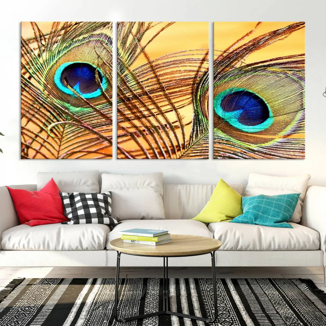 The Peacock Feather Wall Art Print, showcasing a vibrant green, blue, and orange feather design and ready to hang, adorns the space.